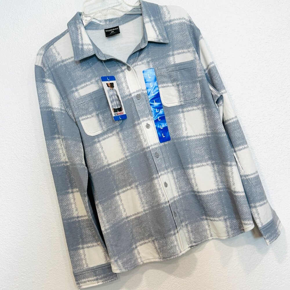 NEW 32 Degrees Heat Button Up Shirt Soft Stretch Plaid Gray White Women Sz Large - Picture 5 of 9